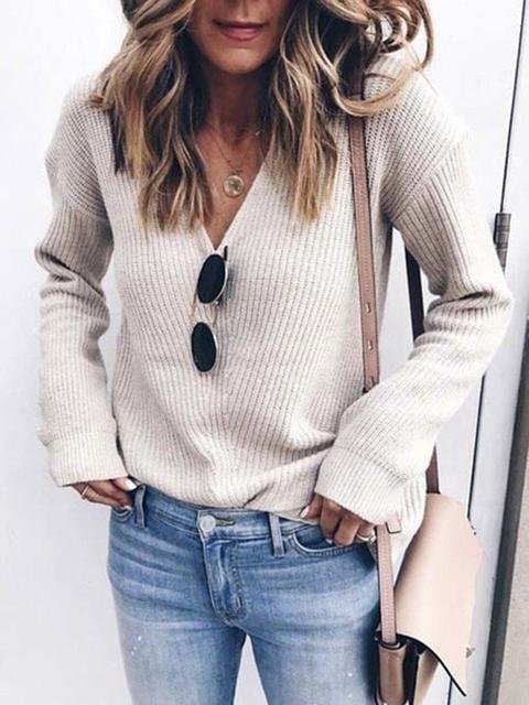 V-Neck Solid Color Knitted Sweater - Shop Trendy Women's Clothing | LoverChic