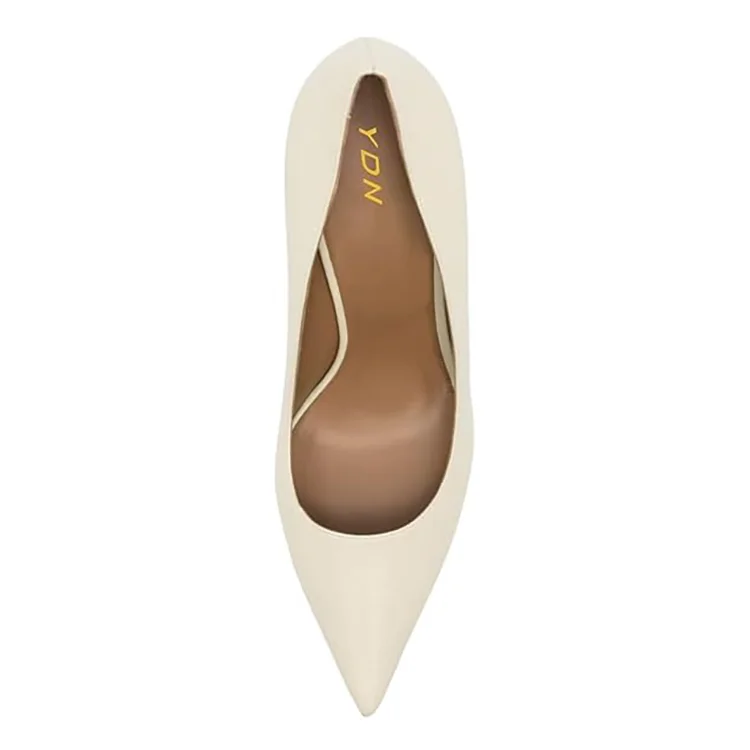 Ivory Vegan Leather Pointed Toe Flared Heel Office Pumps for Women