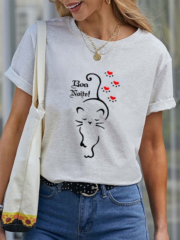 Women's Cute Cat Love Paw Printed Casual T-shirt