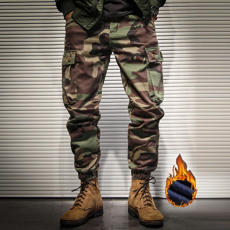 Retro Fleece Thickened Camouflage Multi-pocket Leggings Casual Pants