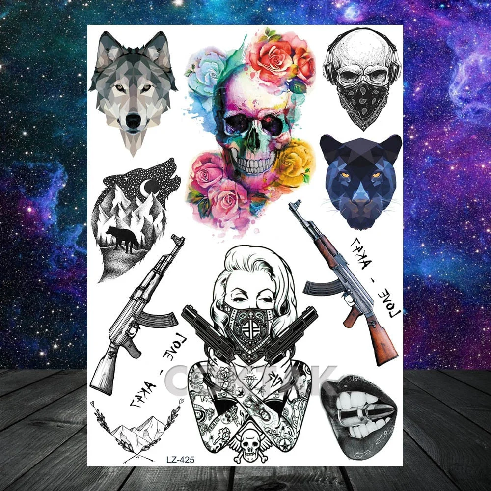 Geometric Skull Temporary Tattoos For Men Women Realistic Fake Wolf Gangster Tattoos Sticker Outer Space Planets Tatoos Washable