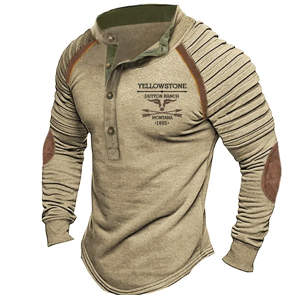 Men's Vintage Western Yellowstone Henley Stand Collar T-Shirt 7ffa