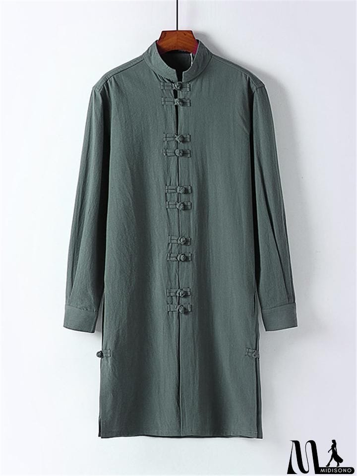 MidiSono - Mens Vintage Stand Collar Solid Color Cotton&Linen Robes