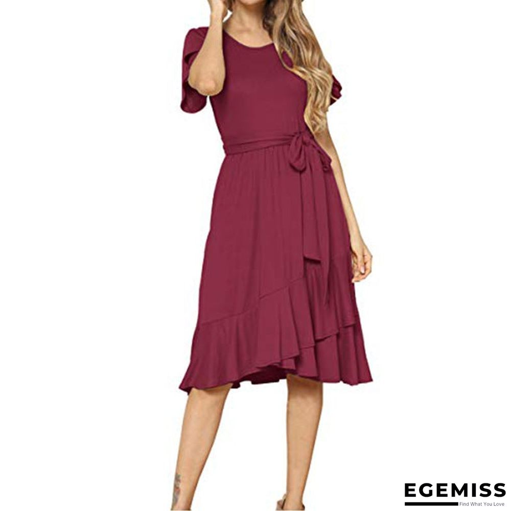Belt Slim Round Neck Short Sleeve Long Skirt | EGEMISS