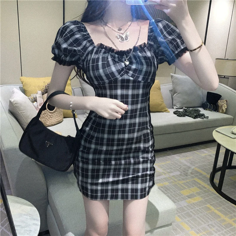 Jangj Harajuku Goth Y2k Plaid Mini Dress E Girls Fairy Grunge Sundress Gothic Kawaii Lolita Robe Emo Alt Kpop Dresses Punk Alt Clothes