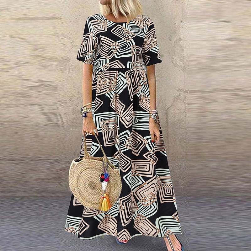 Boho Print Casual Short Sleeve O Neck Maxi Dress