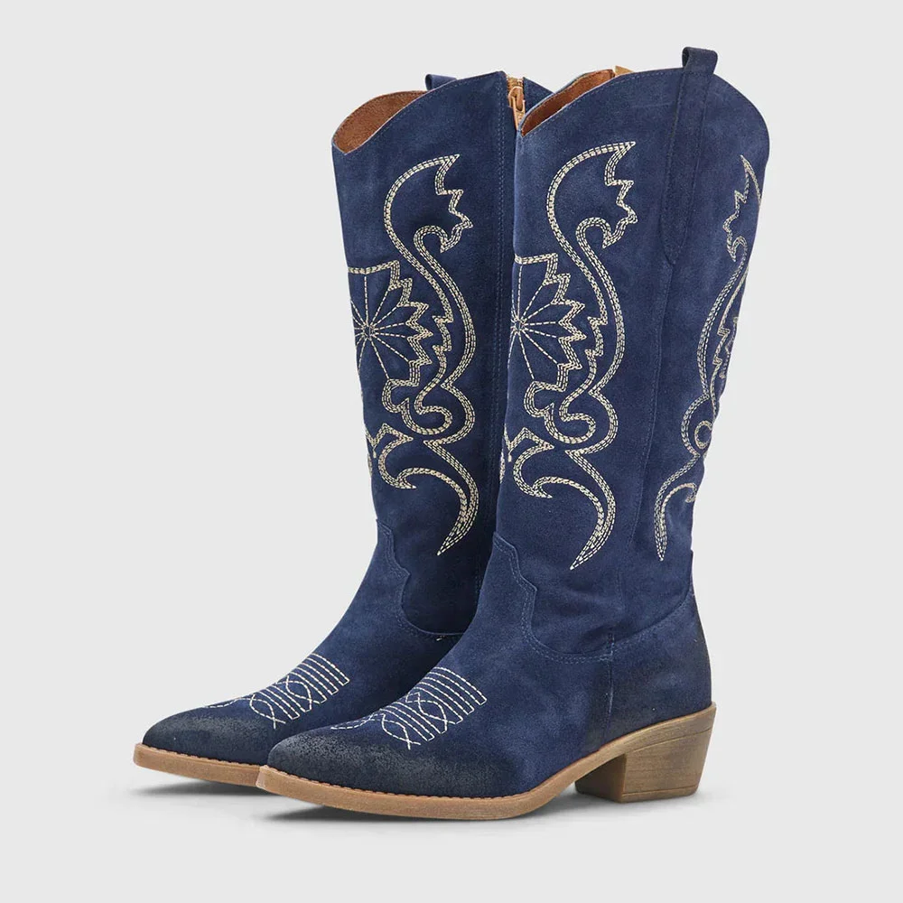 Blue Vegan Suede Embroidered Chunky Heel Cowgirl Knee High Boots
