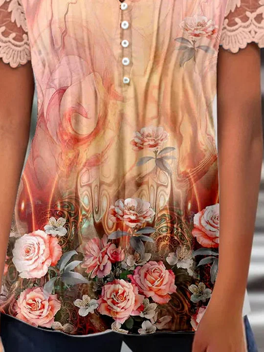 Women Short Sleeve V-neck Floral Printed Printed Graphic Lace Button Tops