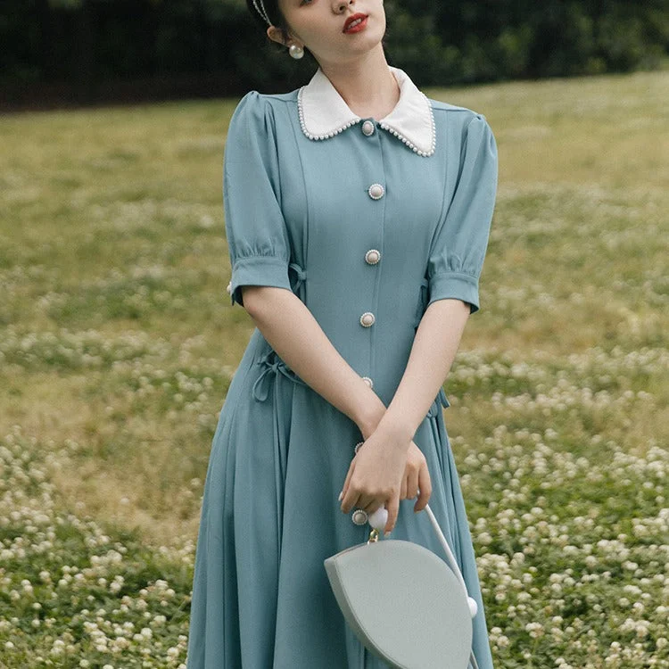 Women's Cottagecore Dress Summer Waist-Tight Atmosphere Dress French Gentle Women's Hepburn Style Blue