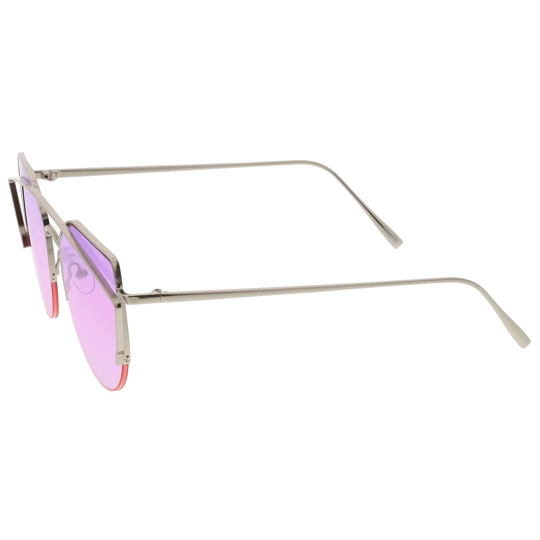 Women's Semi Rimless Metal Brow Bar Round Colored Flat Lens Cat Eye glasses