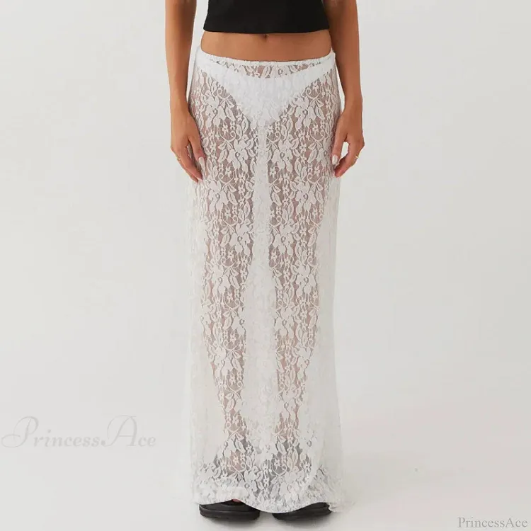 Floral Lace See-Through Short Sleeve Crop Top Long Skirt Two Pieces Set