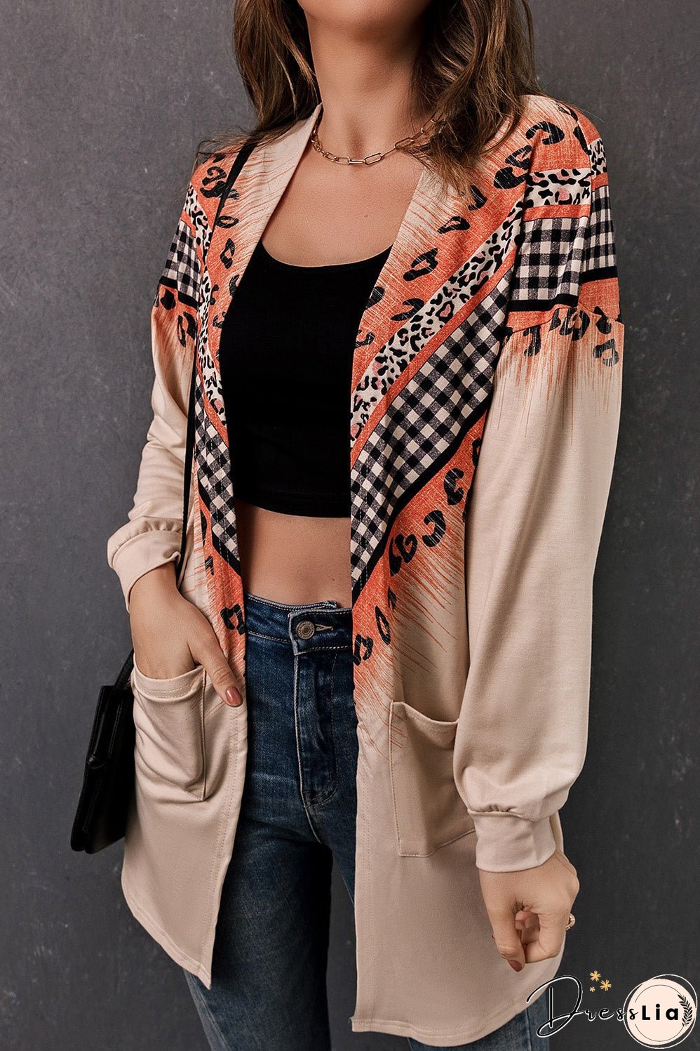 Double Take Leopard Plaid Open Front Longline Cardigan with Pockets