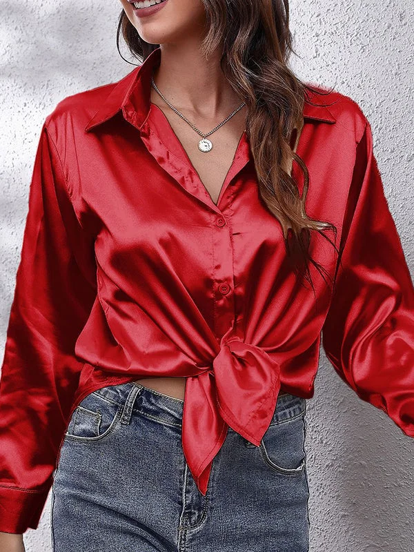 Solid Color Long Sleeves Loose Lapel Blouses