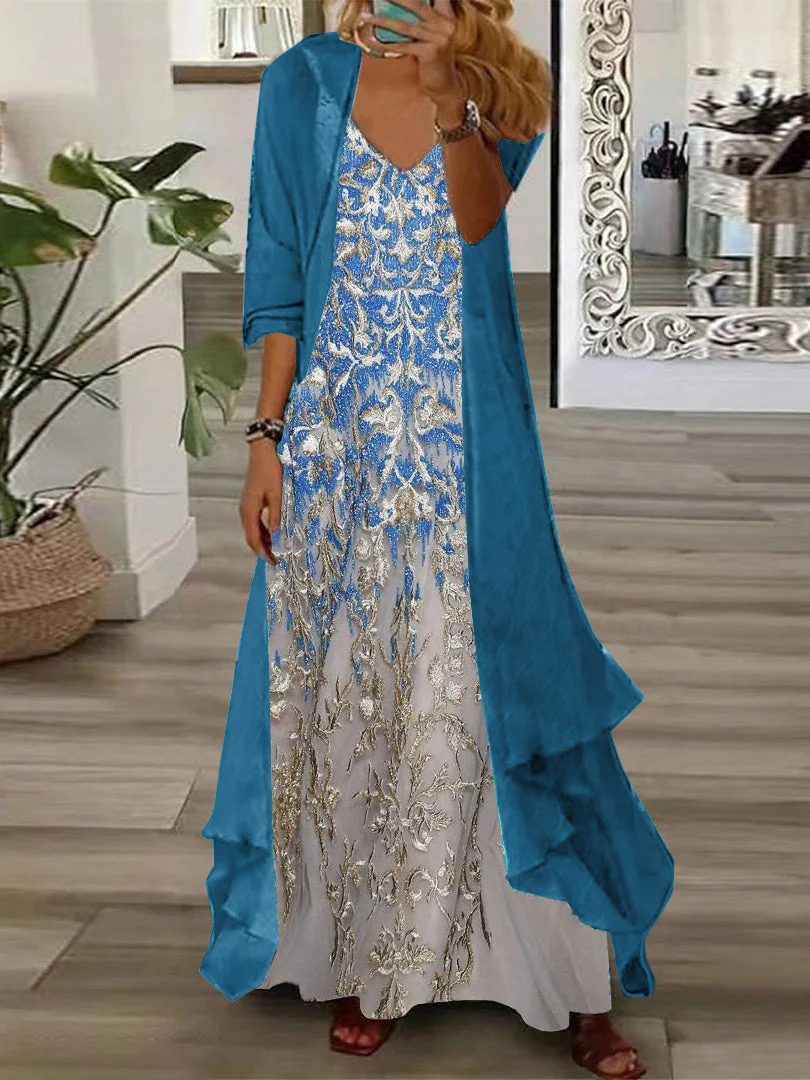Women's Long Sleeve V-neck Gradient Graphic Printed Two Pieces Maxi Dress