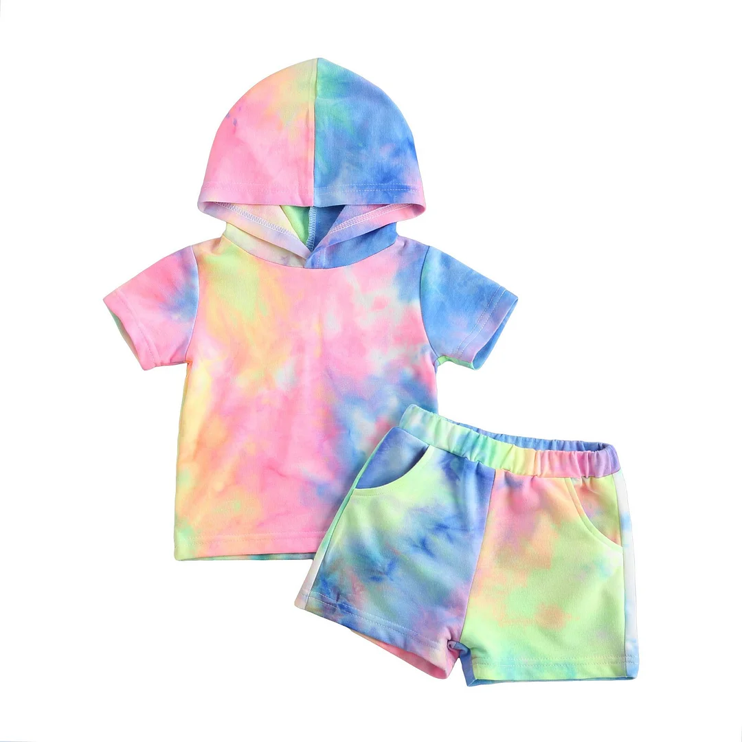 2021 Baby Summer Clothing Children 2Pcs Tie-dyed Clothes Suit, Short Sleeve Hooded Pullover Top Elastic Short Pants Casual Suit