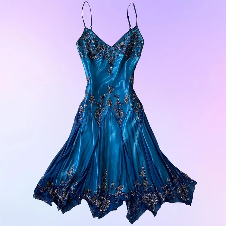 Dark blue gorgeous flowing vintage beautiful elegant delicate floral beaded spaetti strap long chiffon ball gown evening dress party dress prom dress