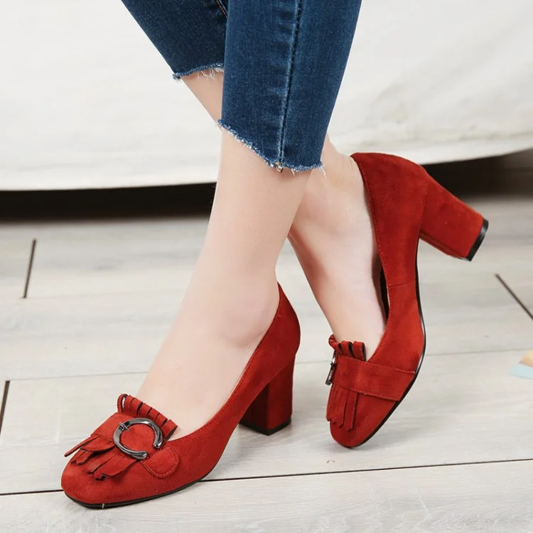 Red Vintage Heels Suede Shoes Fringe Chunky Heel Pumps |FSJ Shoes