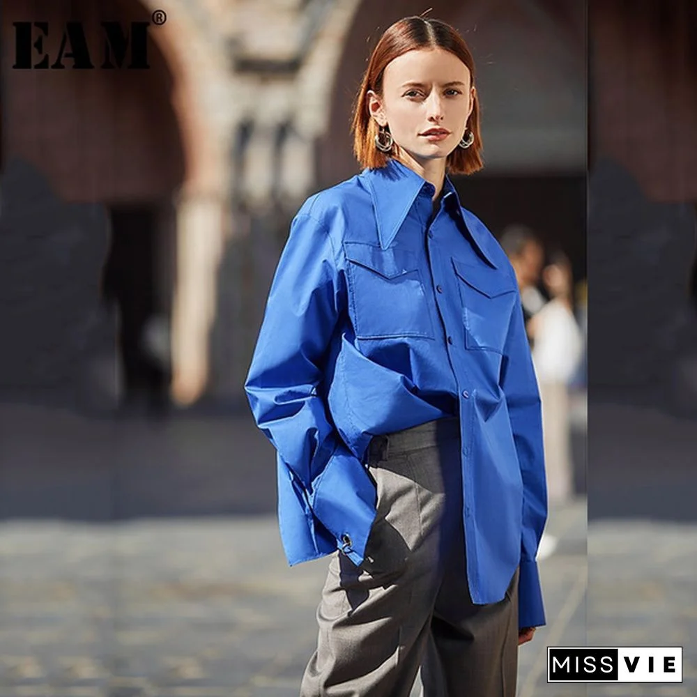 Women Blue Back Vent Temperament Blouse New Lapel Long Sleeve Loose Fit Shirt Fashion Tide Spring Autumn