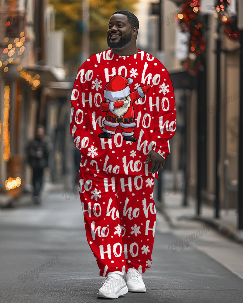 Men's Plus Size Santa Claus Funny Red Letter Print Long Sleeve T-Shirt Trousers Suit