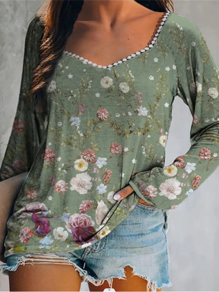 Women's V-neck Long Sleeve Graphic Floral Printed Top