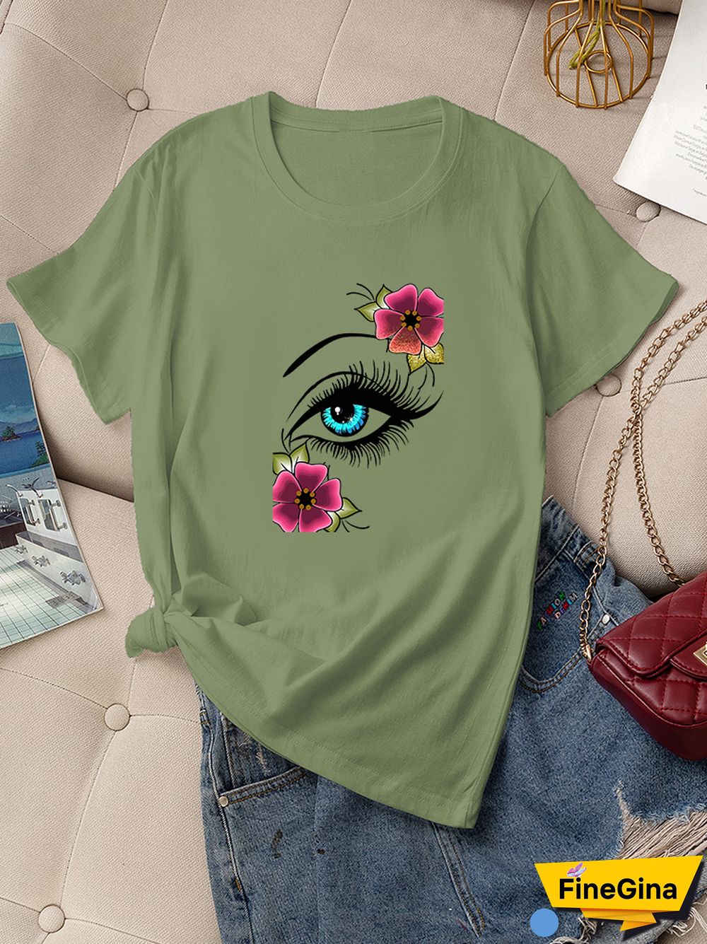 Casual Summer Daily T-shirt Women 100% Cotton Short Sleeve Rose Eye Print Female Graphic Fashion T Shirt Ladies O-Neck Tees Tops