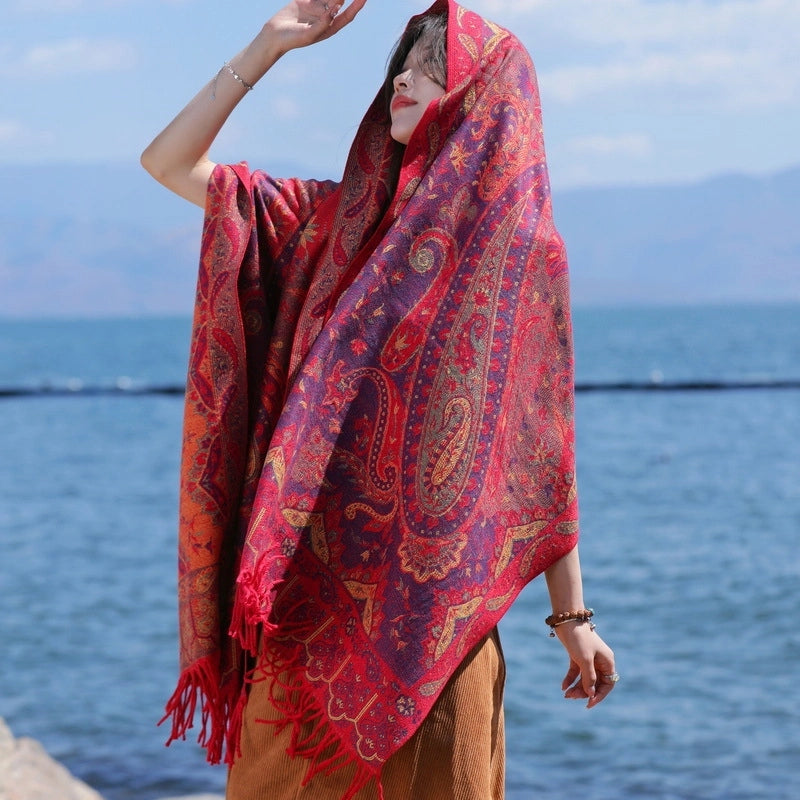 Yunnan Lijiang Tourism New Shawl Ethnic Style Scarf Women’s Retro Cape Thickened Cashmere Scarf