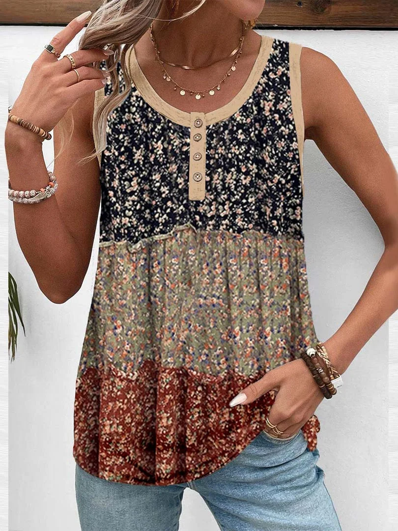 Women Sleeveless Scoop Neck Floral Printed Graphic Button Tops