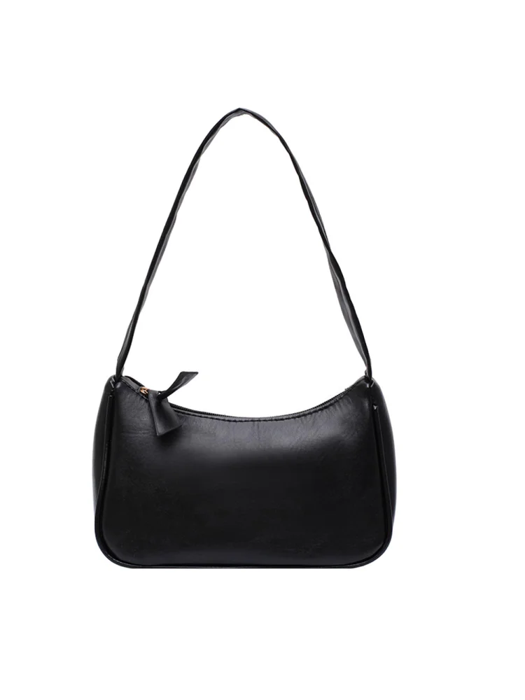 Soft PU Leather Women Underarm Bag Solid Color Fashion Shoulder Bag (Black)