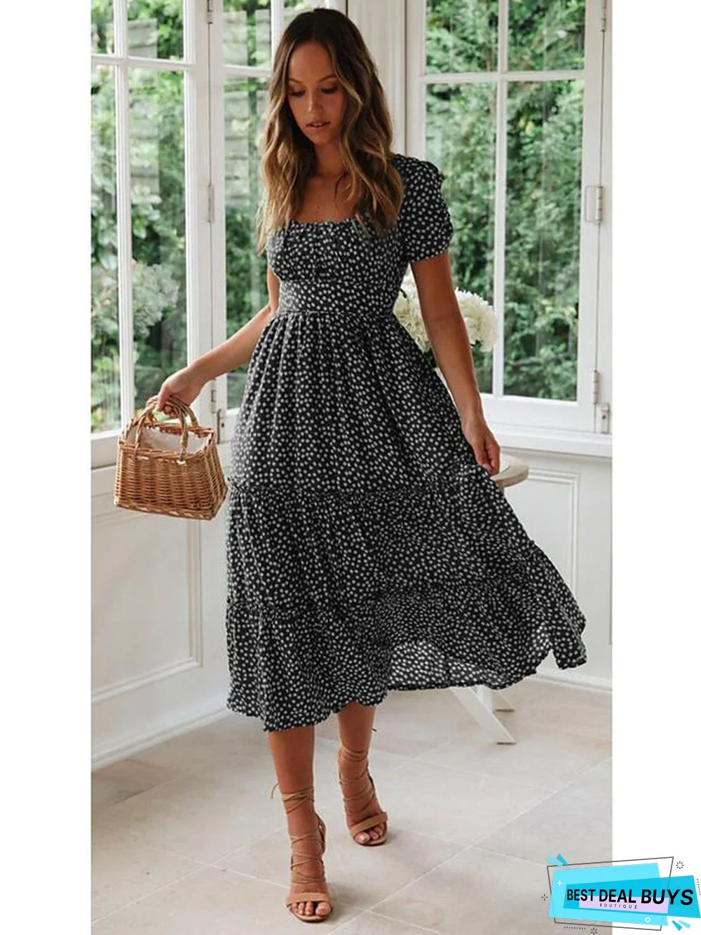 Women's A-Line Dress Midi Dress - Short Sleeve Polka Dot Summer Deep U Hot Casual / Daily Boho Black Red Yellow Green