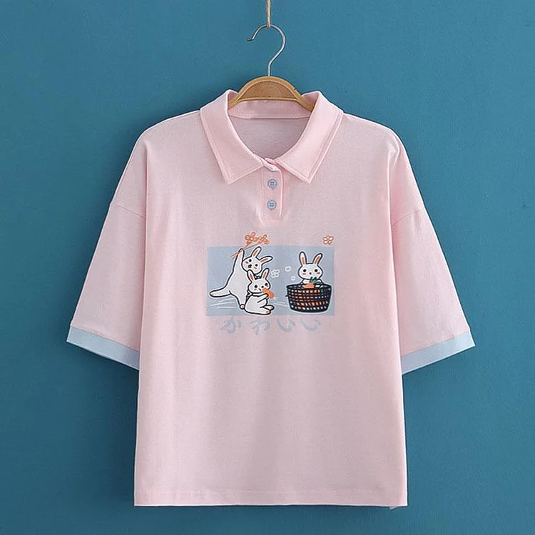 Three Bunny Print Polo T-Shirt - Modakawa Modakawa