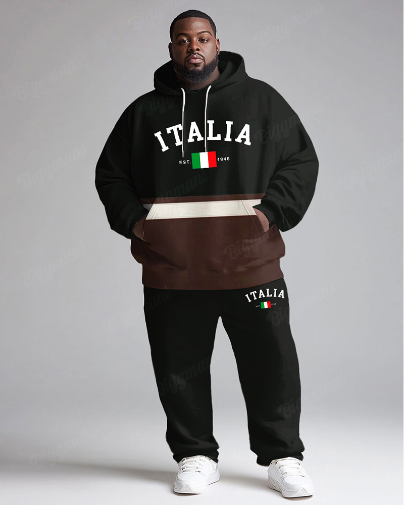 Men's Daily Casual All-Match Black Coffee Color Matching Letter Printing Plus Size Hoodie Suit