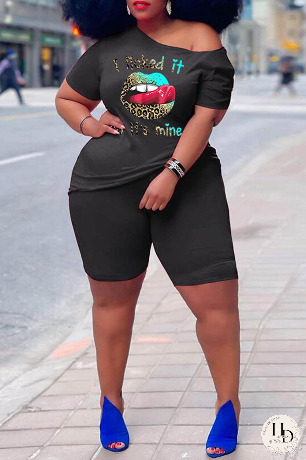 Rose Red Casual Print Basic Oblique Collar Short Sleeve Two Pieces