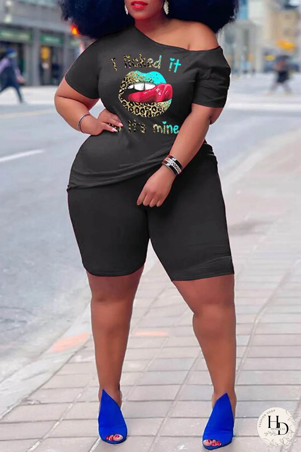 Rose Red Casual Print Basic Oblique Collar Short Sleeve Two Pieces