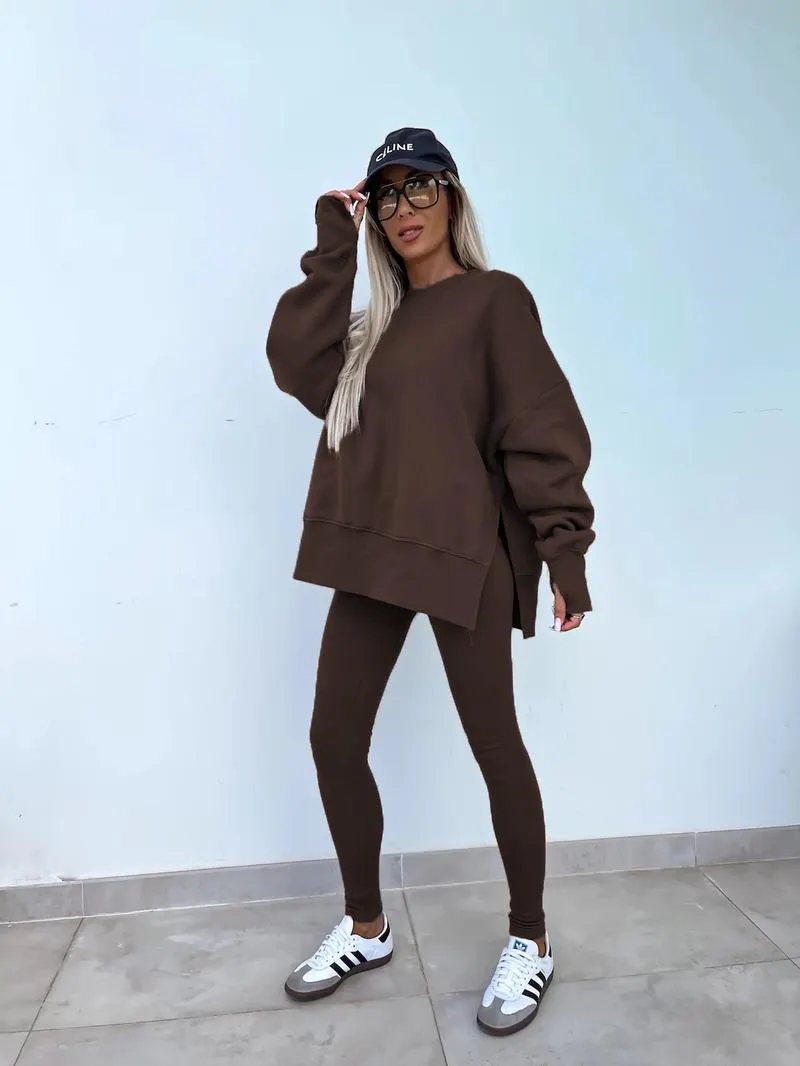 Oversize Two-Piece Set Women's Split Hem Sweatshirt & Skinny Pants, Casual Fashion Cozy Round Neck Long Sleeve Pullover Women's Clothing for Fall & Basic Winter Suits Womenswear Gamis