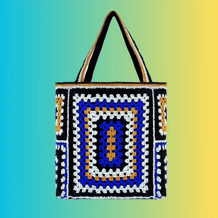 Lulusnow Handmade Blue Granny Square Beach Summer BagVintage Handbag for Travel Crochet Shoulder Bag  