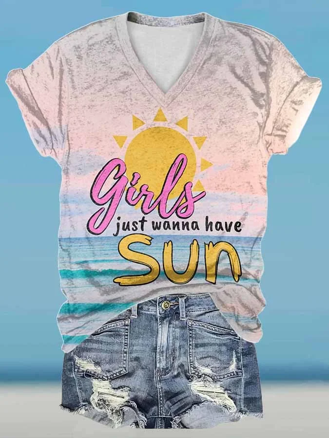 🔥Buy 3 Get 10% Off🔥Women'S Girls Just Wanna Have Sun Print Short Sleeve T-Shirt