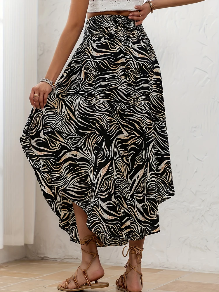 Women's High-Waisted Zebra Print Skirt With Pleated Detail And Curved Hem - Casual Summer Skirt For A Stylish Look, Casual Summer Wear | Pleated Hem Skirt | Polyester Fabric