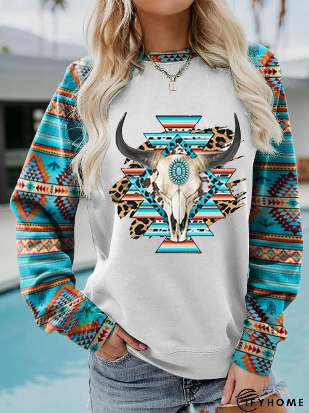 Casual Round Neck Cotton-Blend Tribal Sweatshirt | IFYHOME