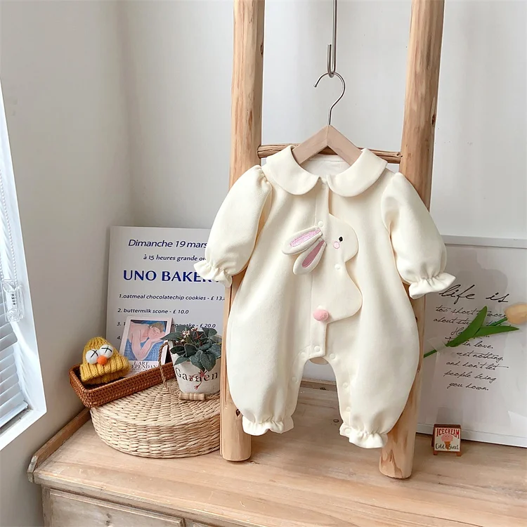 Baby Girl 3D Rabbit Patch Solid Color Long Sleeve Romper