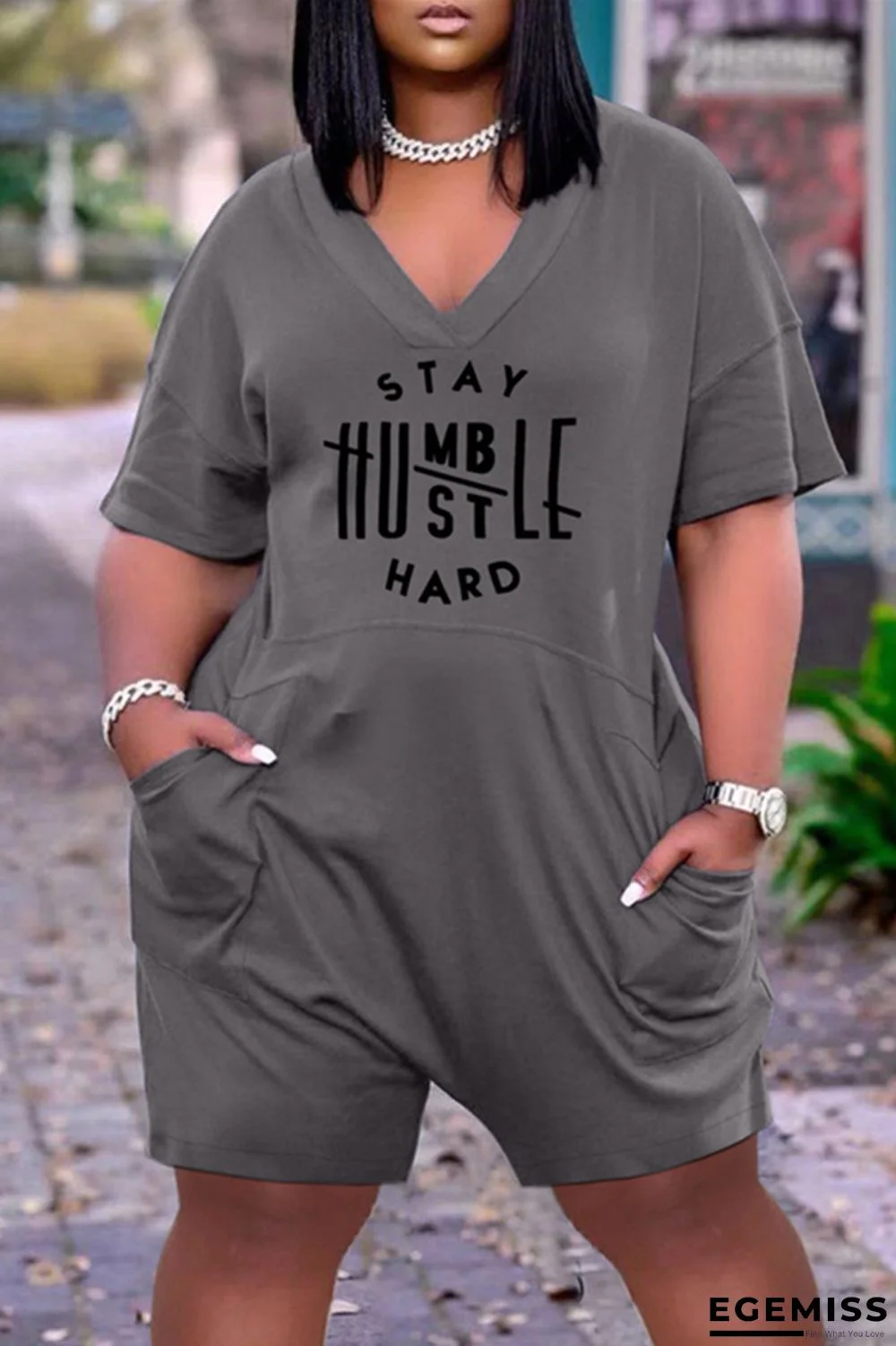 Grey Fashion Casual Letter Print Basic V Neck Loose Romper | EGEMISS