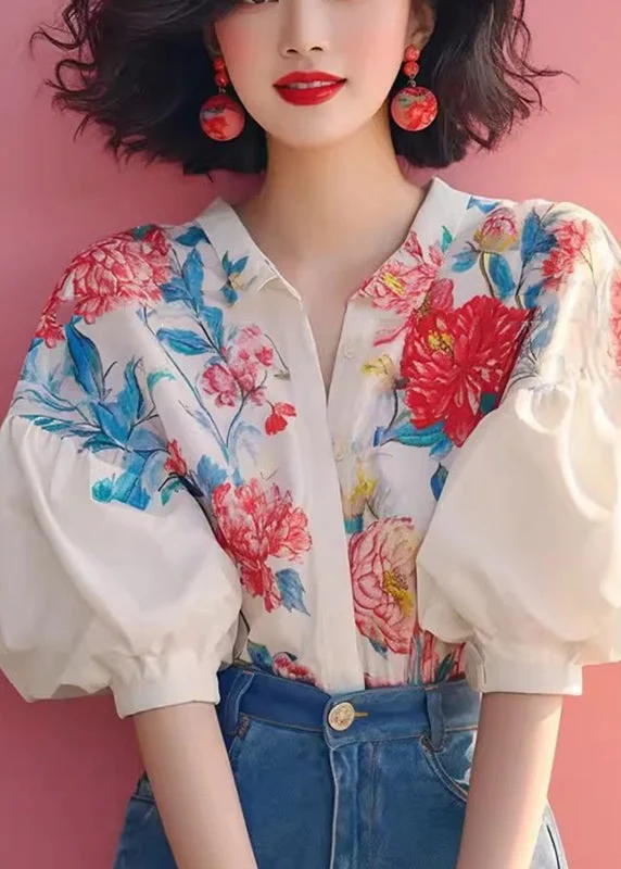 Organic Beige Peter Pan Collar Print Shirt Lantern Sleeve