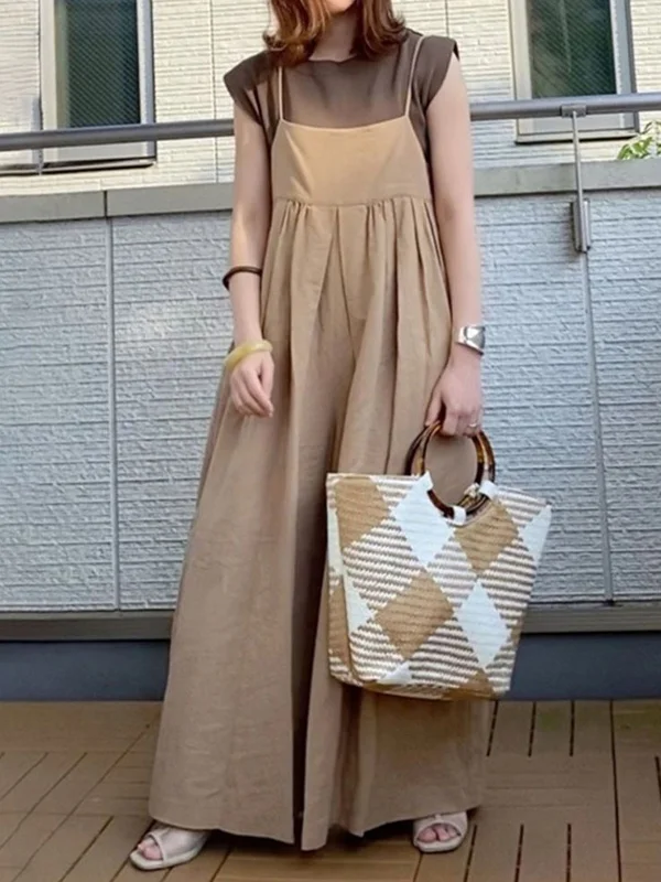 Women Solid Color Loose Pleated Sling Casual Dress