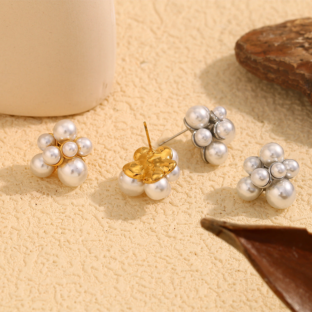 Small French Earrings 316L Stainless Steel Plated With 18K Gold Large And Small Pearl Grape Earrings