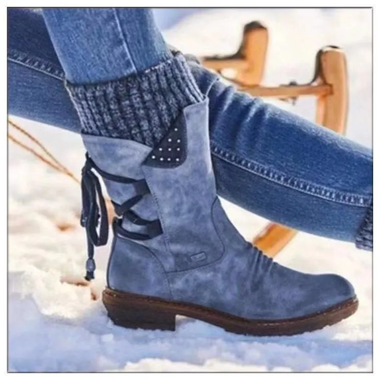 Breakj Breakj Barrel Large Size Martin Boots Autumn And Winter New Square Tied With Wool Women Boots