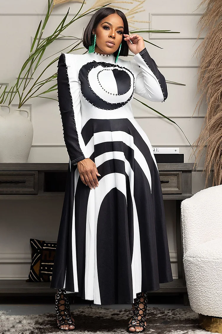 Geometric Print Colorblock Long Sleeve A-Line Pleated Maxi Dresses-Black