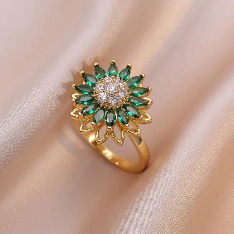 Light Luxury Real Gold Diamond Set Sunflower Rotating Ring