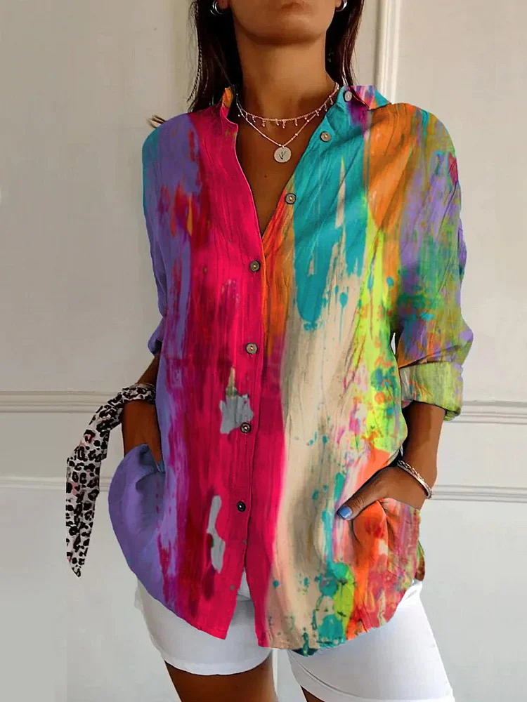 Vintage Abstract Art Print Casual Long Sleeve Shirt