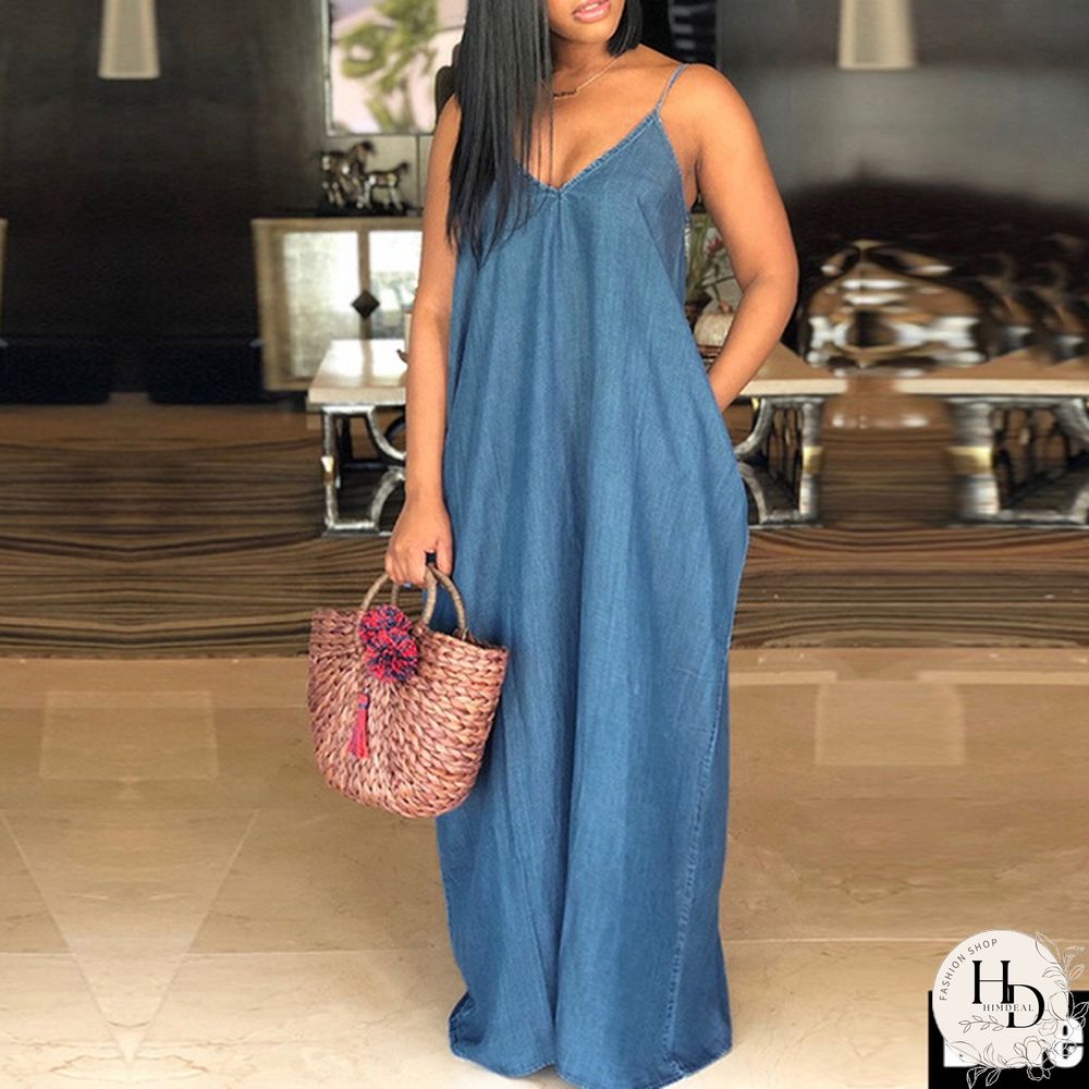 S-5XL Women Sexy Sleeveless Spaghetti Straps Denim Color Maxi Dress Summer Holiday Beach Sundress