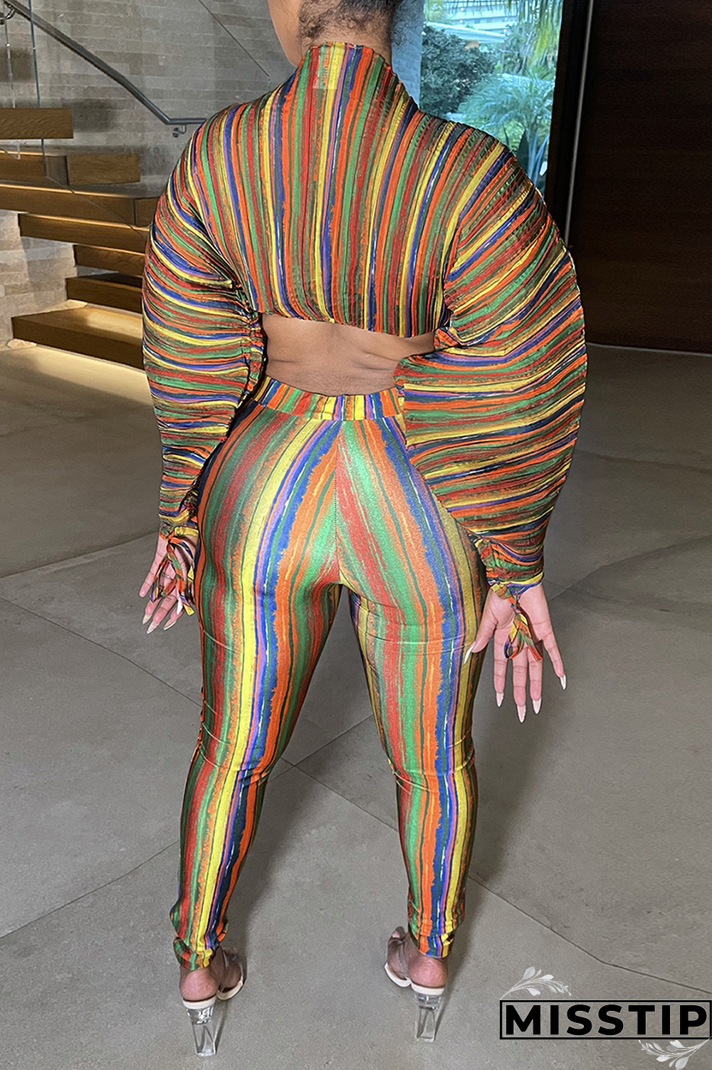 Lake Blue Sexy Striped Patchwork Half A Turtleneck Long Sleeve Two Pieces