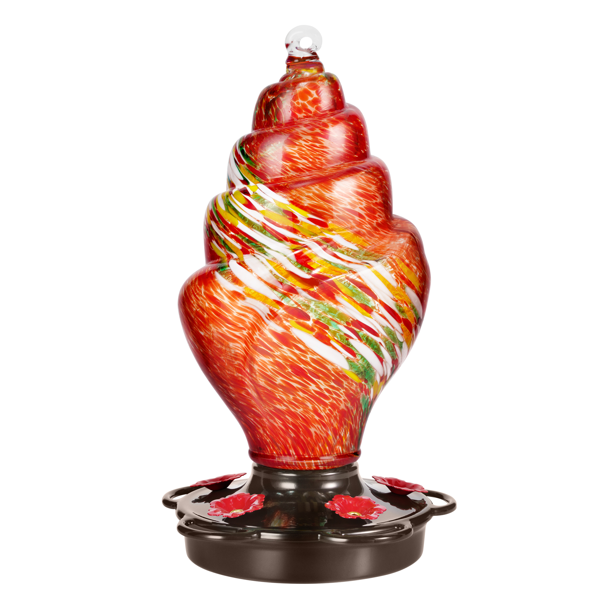 LUJOIN Spiral Shaped Hummingbird Feeder for Outdoors Hanging, Hand Blown Glass, 25 fl.oz, Leak Proof & Rustproof, Includes an Ant Moat, Metal Cover with 5 Feeding Ports, Red